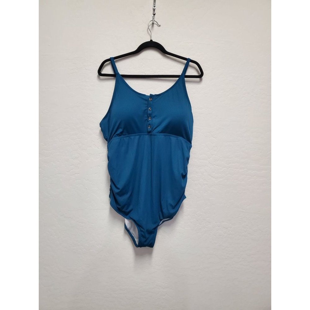 Women's One Piece Bathing Suit Teal Color Padded Bra Button XL
